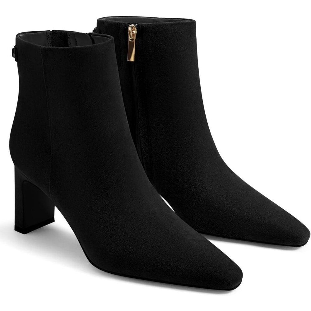 Women's Black Ankle Boots Chunky Heel Closed Toe Booties Side Zipper Win